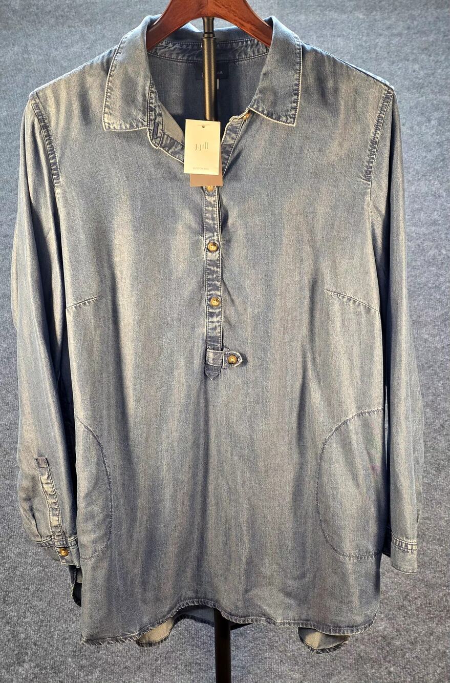 J.Jill Denim Chambray Tunic Shirt Women Large Petite Blue Slash Pockets NWT Boho